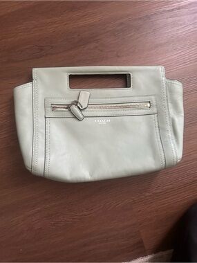 Coach Light Sage Leather Cutout Handle Wristlet Clutch